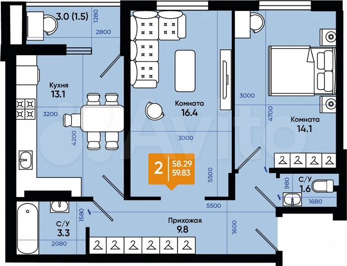 2-к. квартира, 59,8 м², 7/9 эт.