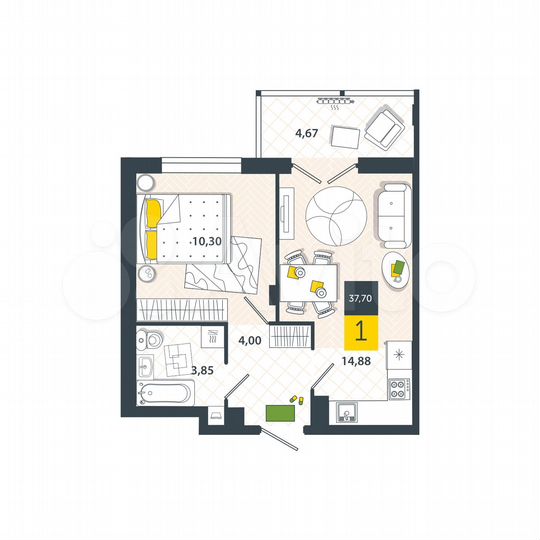 1-к. квартира, 37,7 м², 3/8 эт.