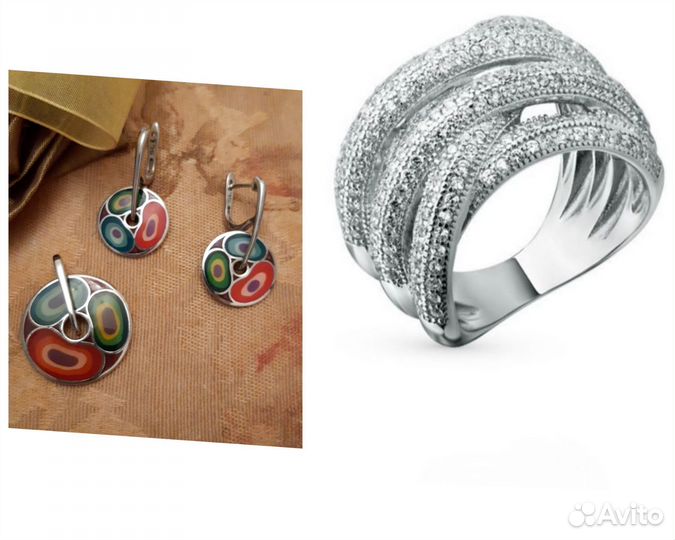 Серебряное кольцо, серьги, подвеска