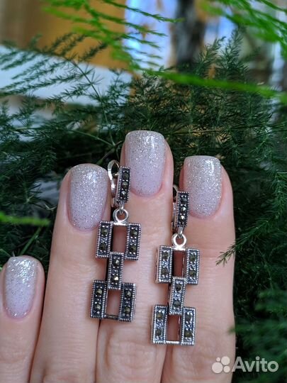 Серьги, кулон, кольцо с марказитом