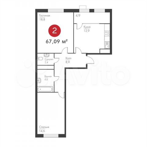 2-к. квартира, 67,1 м², 3/19 эт.