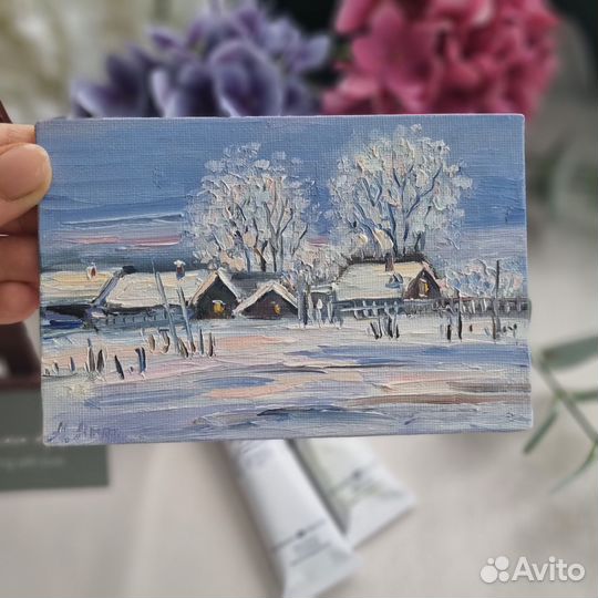 Картина маслом пейзаж зимний миниатюра деревня