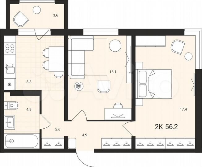 2-к. квартира, 56,2 м², 6/14 эт.