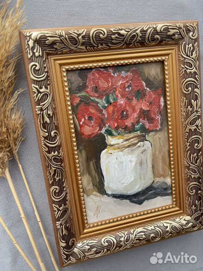Картина маслом Красные цветы 20х15 в раме