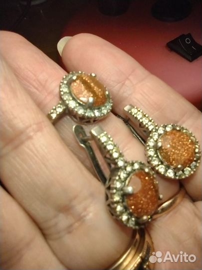 Серьги кольцо авантюрин малинка винтаж