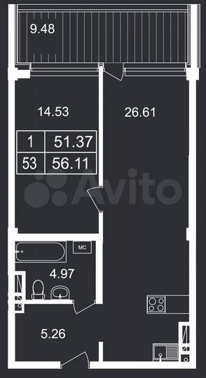 1-к. апартаменты, 56,1 м², 4/8 эт.