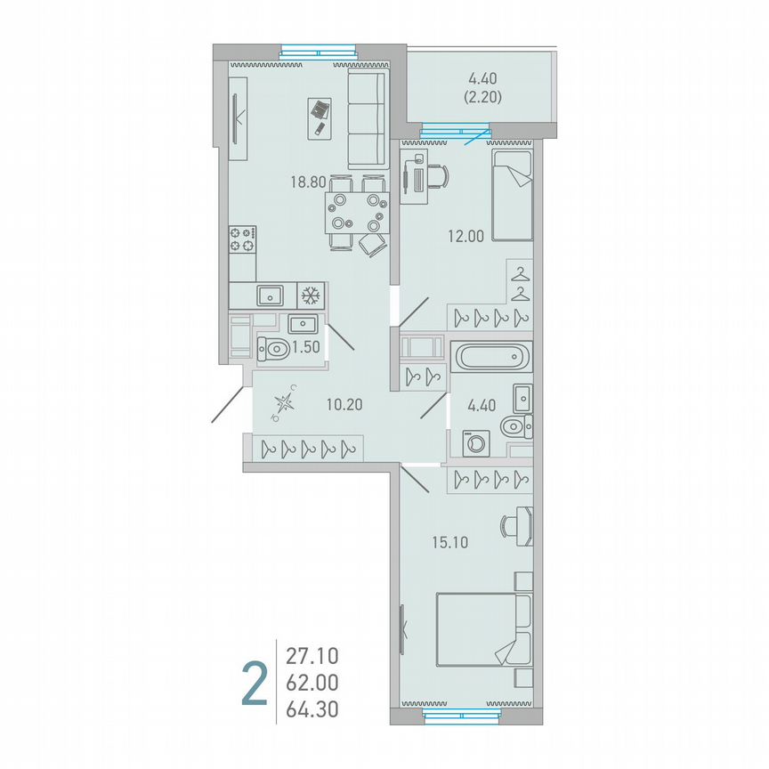2-к. квартира, 64,3 м², 15/17 эт.