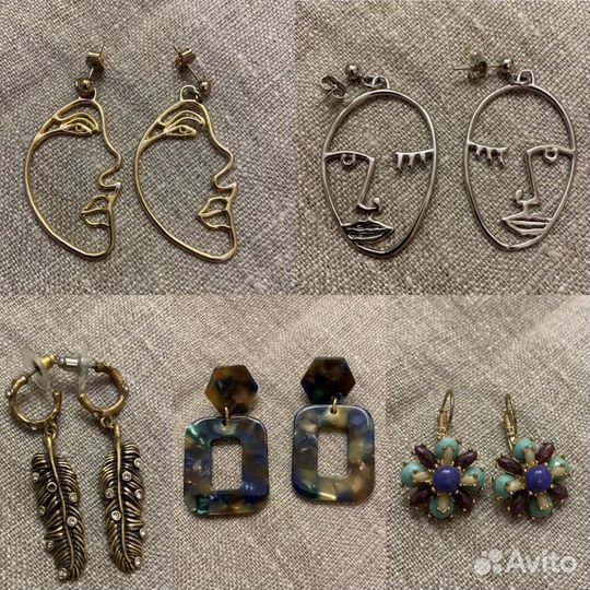 Серьги различные «лица», «перья»