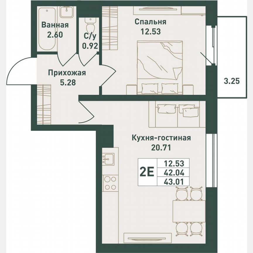 2-к. квартира, 43 м², 5/16 эт.