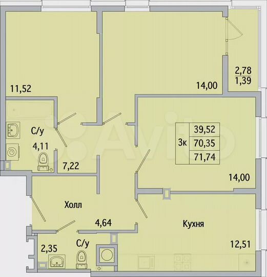 3-к. квартира, 71,7 м², 7/10 эт.