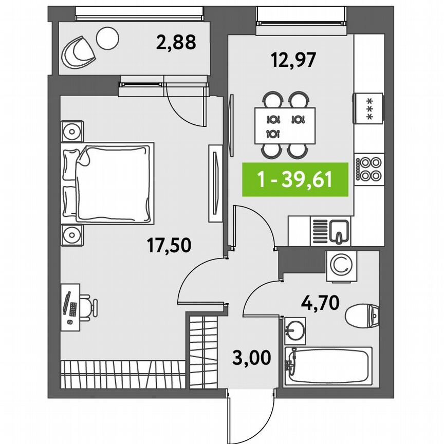 1-к. квартира, 39,6 м², 3/12 эт.