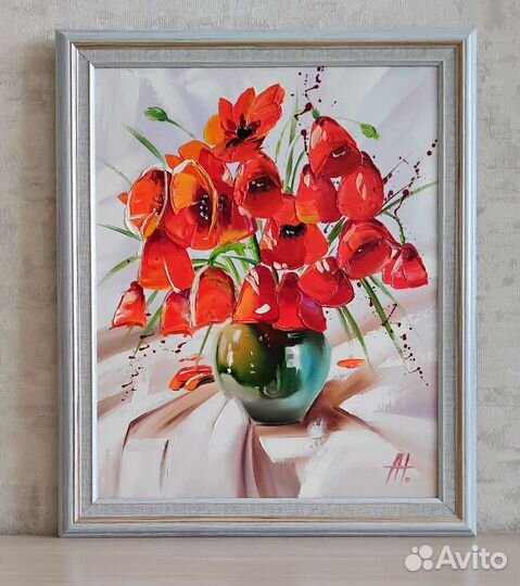 Картина холст масло 48*58 маки цветы букет