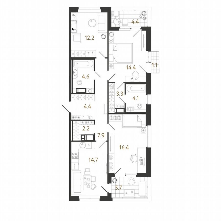3-к. квартира, 84 м², 7/12 эт.
