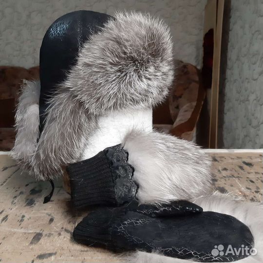 Ушанка женская с лисой + варежки женские