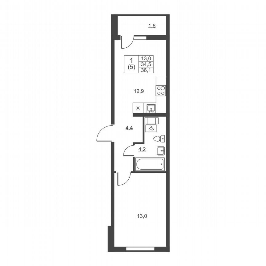 1-к. квартира, 36,1 м², 3/8 эт.
