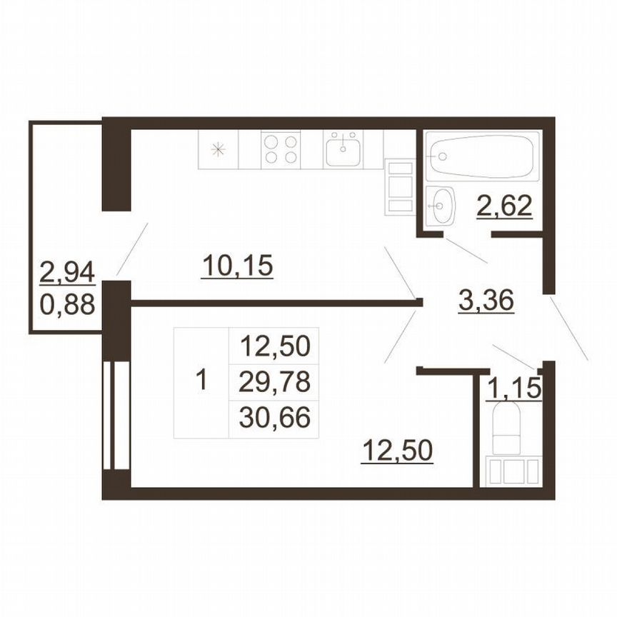 1-к. квартира, 30,7 м², 2/6 эт.