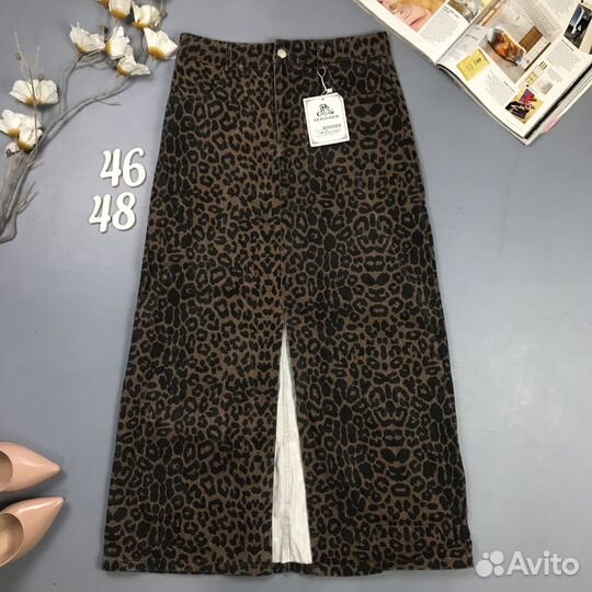 Джинсовая леопардовая юбка с разрезом М L 44-46