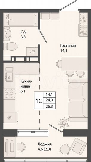 Квартира-студия, 26,3 м², 6/10 эт.