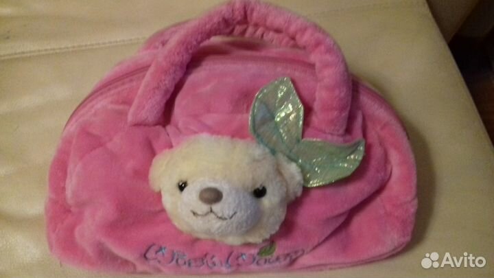 Детская розовая бархат сумочка с мордашкой Мишки