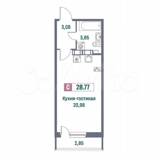Квартира-студия, 28,8 м², 14/16 эт.