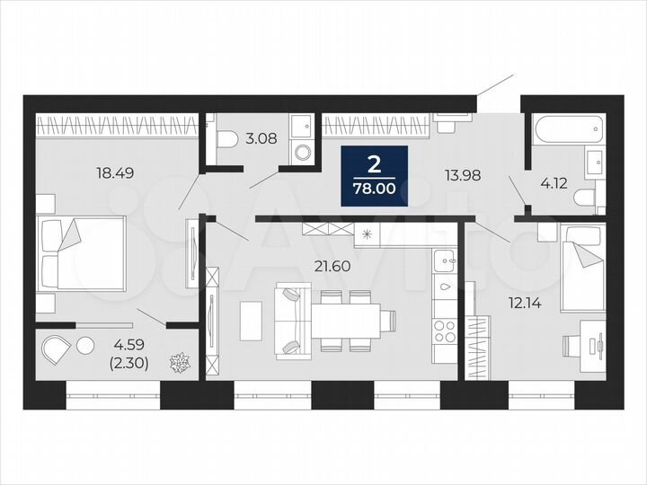 2-к. квартира, 78 м², 7/12 эт.