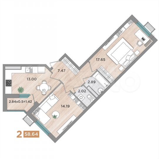 2-к. квартира, 58,6 м², 6/8 эт.