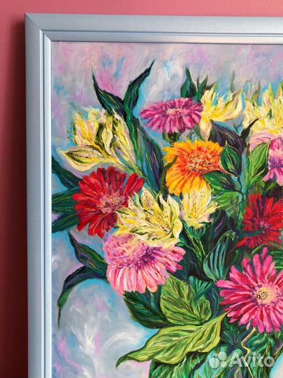 Картина маслом цветы букет «Герберы и альстромерии