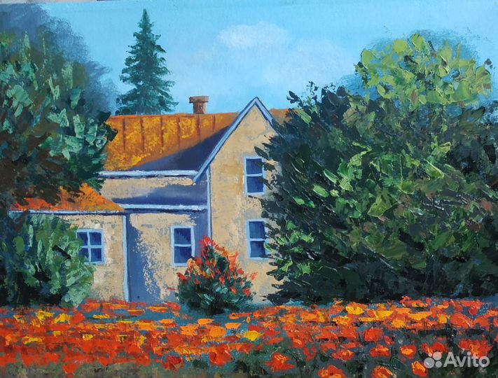 Картина маслом. пейзаж деревенский
