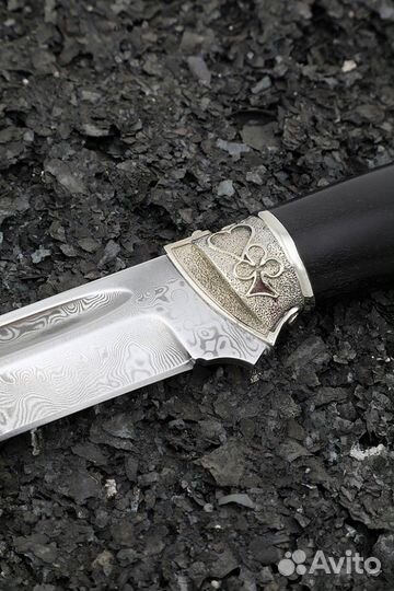 Нож Боец дамаск нержавеющий черный граб мельхиор