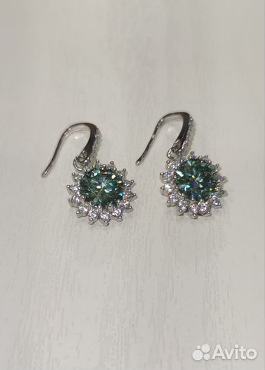 Серьги подсолнухи с зелёным муассанитом 4 карата
