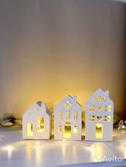 Новогодний Подсвечник Домик белый из гипса