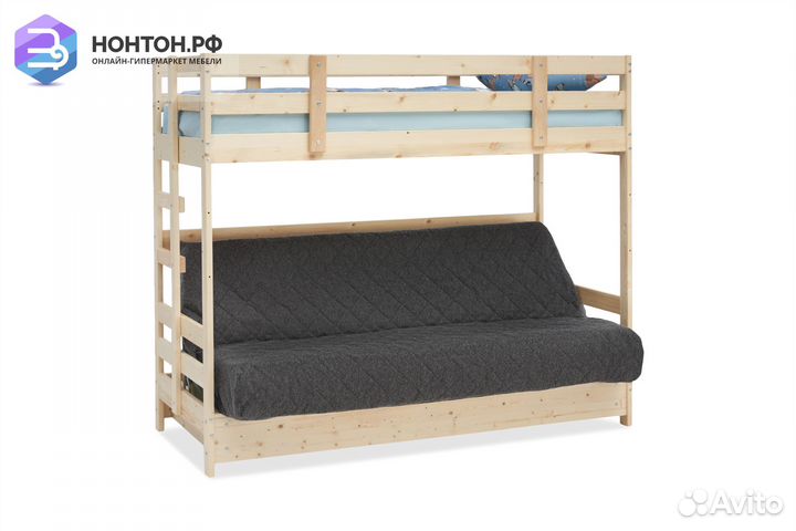 Двухъярусная кровать массив с диван-кроватью темно