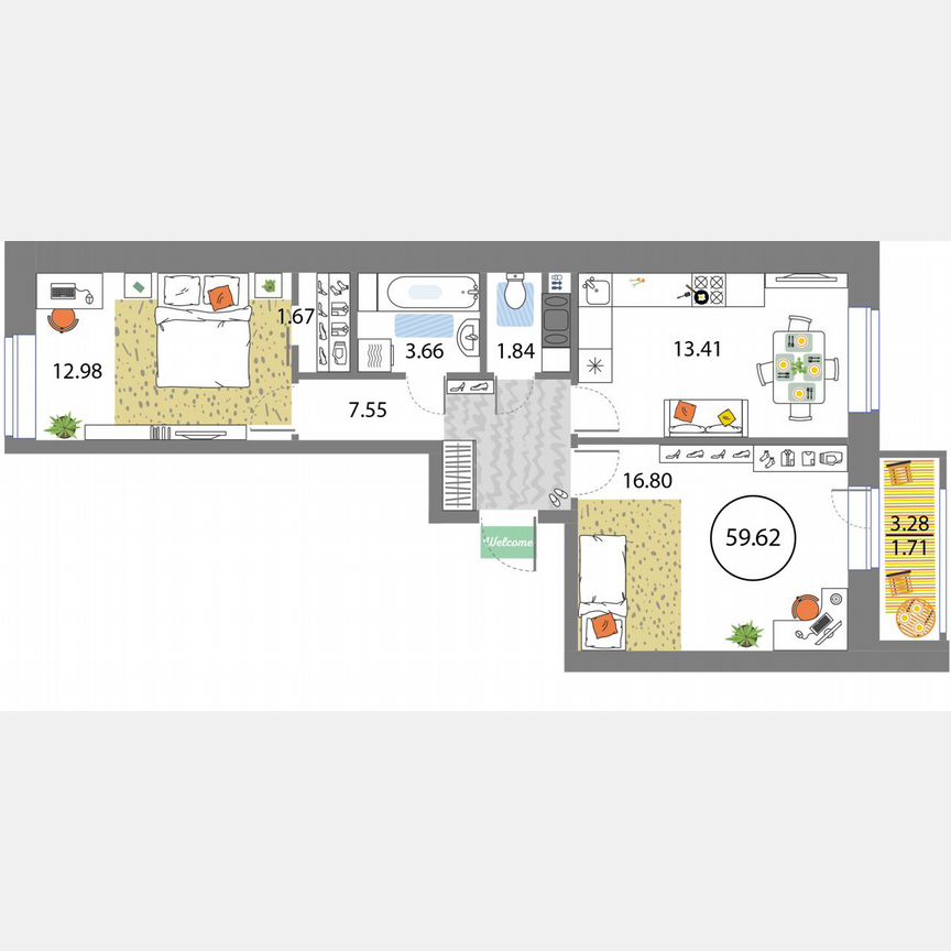 2-к. квартира, 59,6 м², 7/12 эт.