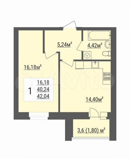 1-к. квартира, 42 м², 4/8 эт.