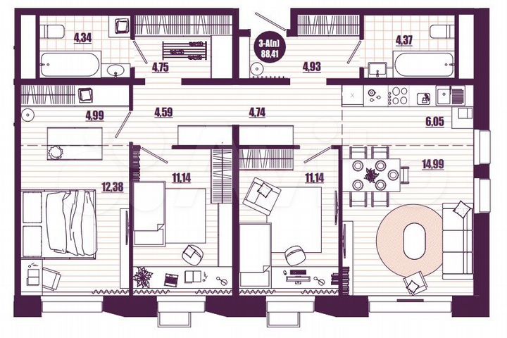 3-к. квартира, 88,4 м², 2/16 эт.