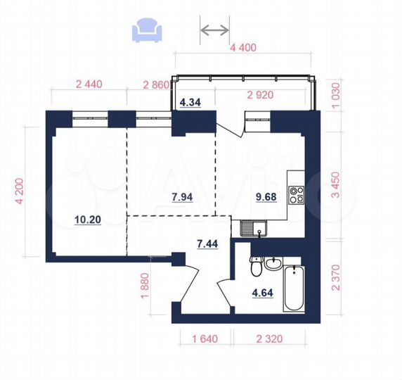 2-к. квартира, 44 м², 9/9 эт.