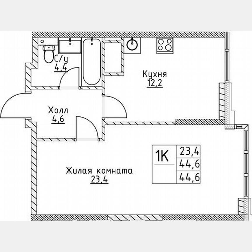 1-к. квартира, 44,6 м², 7/19 эт.