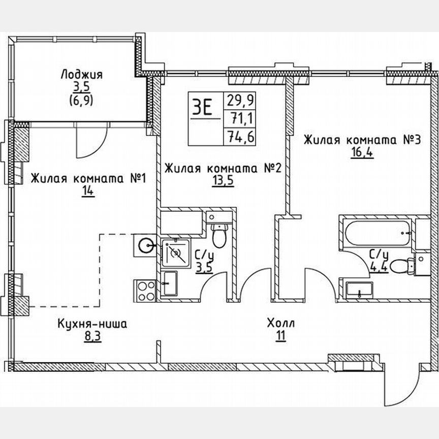 2-к. квартира, 71,1 м², 3/19 эт.