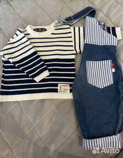 Джинсовый комбинезон с кофтой и 3 пижамы 80