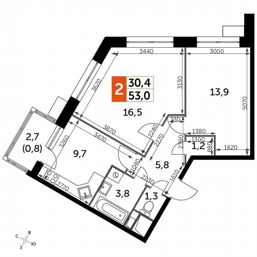 2-к. квартира, 53 м², 9/9 эт.