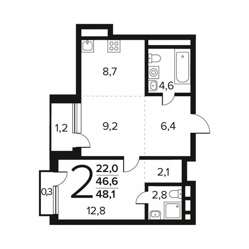 2-к. квартира, 48,1 м², 7/12 эт.