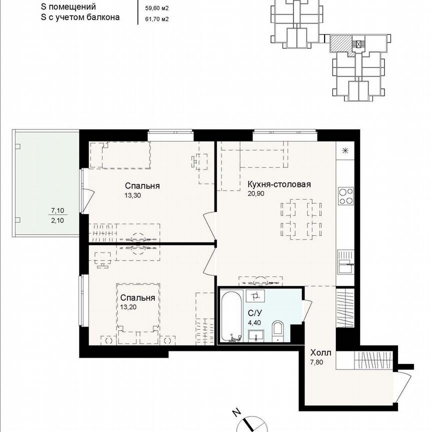 2-к. квартира, 62,2 м², 1/4 эт.