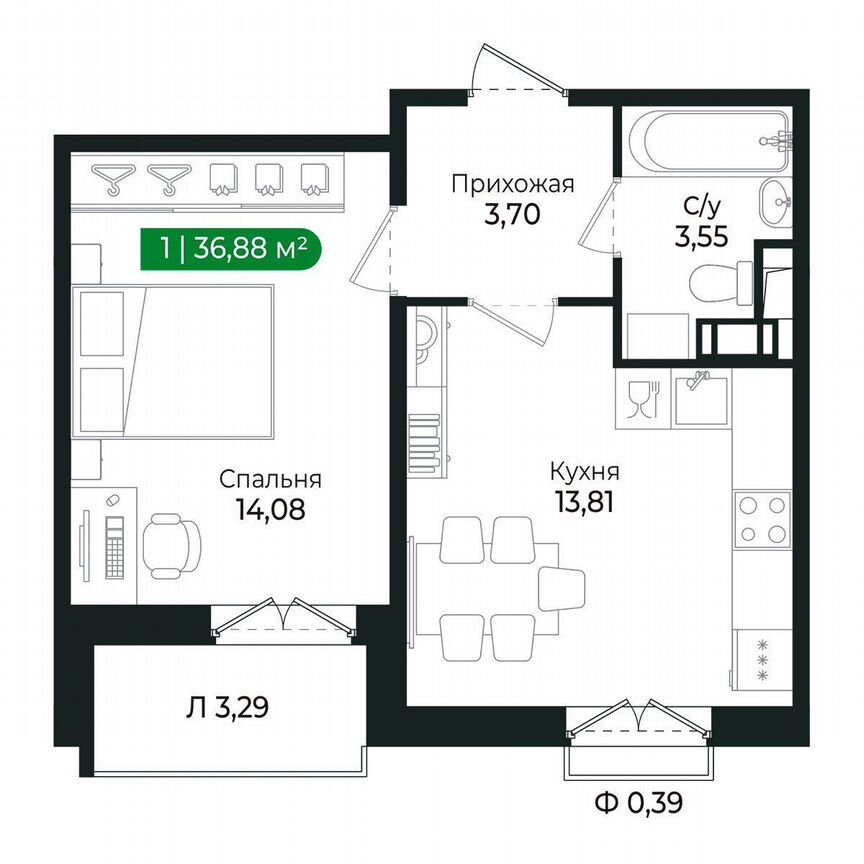 1-к. квартира, 36,9 м², 6/8 эт.