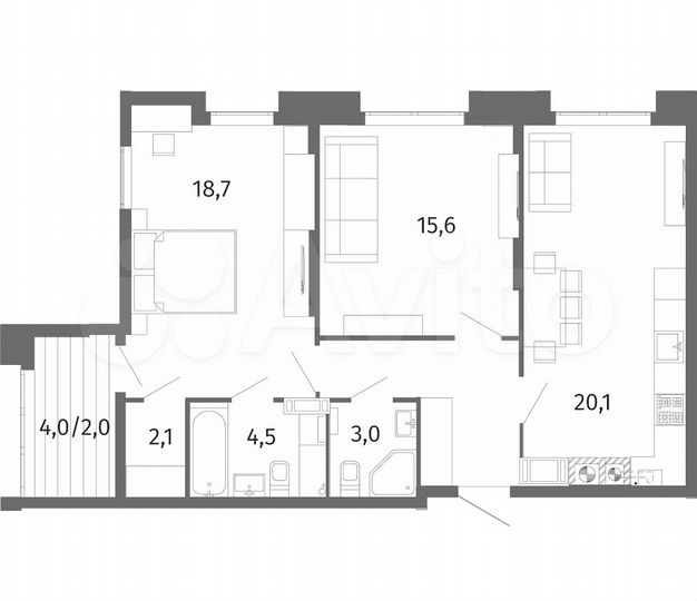 2-к. квартира, 73,4 м², 11/13 эт.
