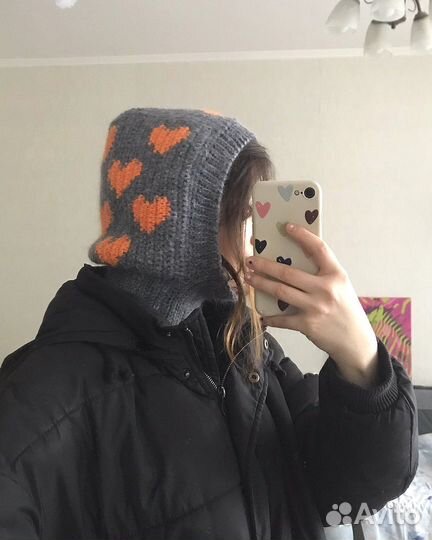 Балаклава вязаная с сердечками