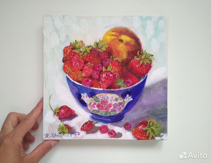 Картина ягоды клубника в чашке маслом 20*20 см