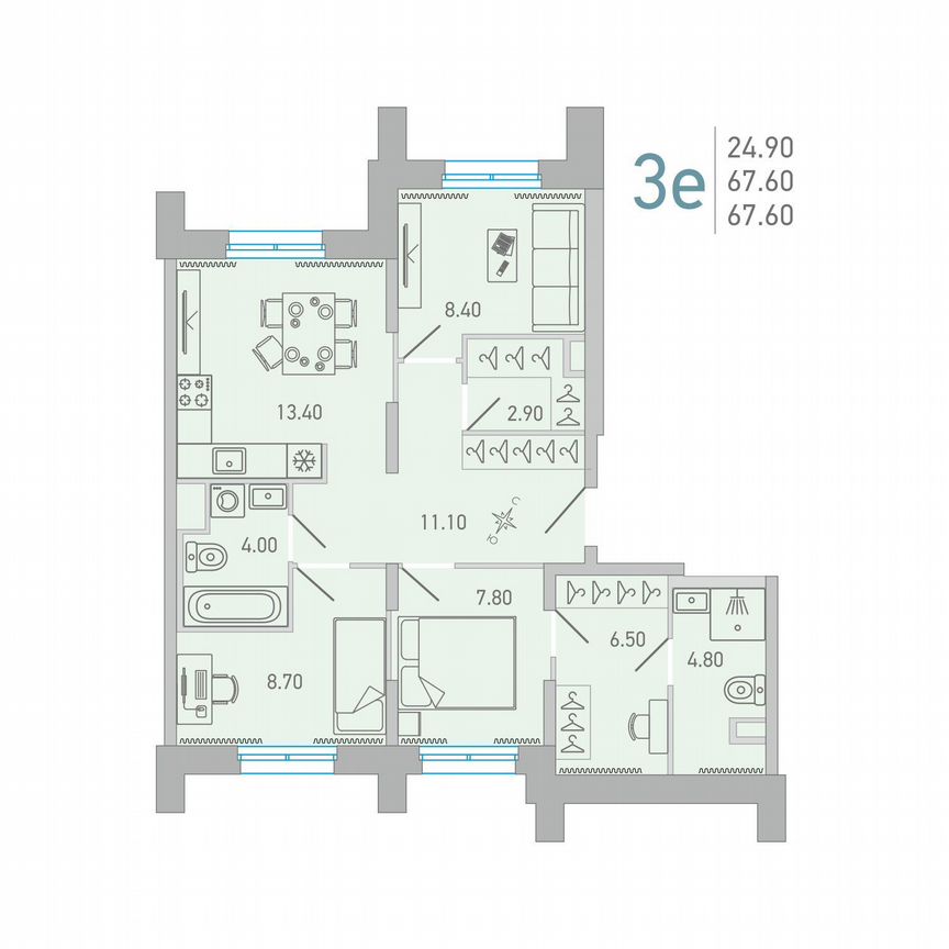 3-к. квартира, 67,6 м², 2/17 эт.