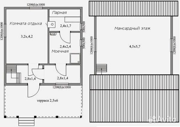 Планировка дома бани 6х6 с мансардой Строительство домов в Козельске под ключ, отделка бань, саун Услуги на Авито