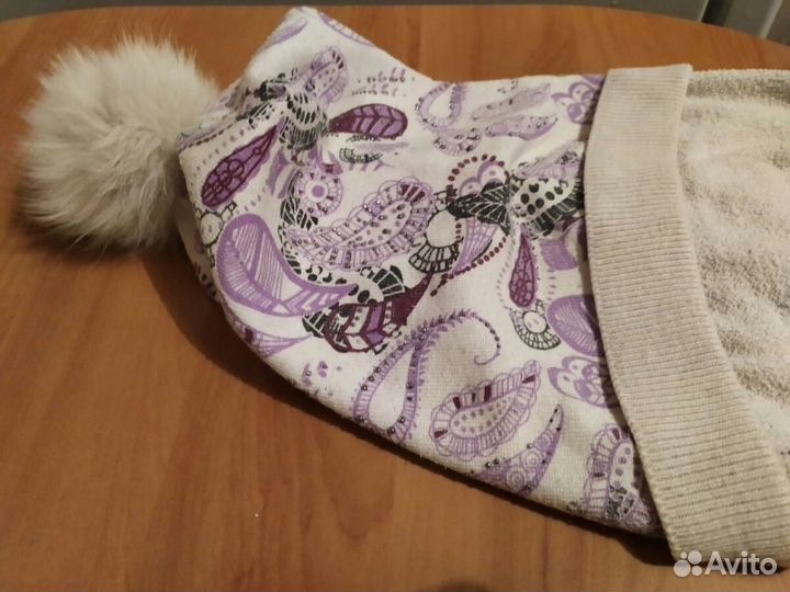 Шапка двойная детская с меховым помпоном и стразам