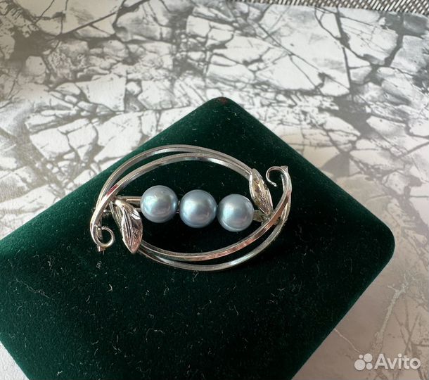 Брошь с голубым жемчугом серебро патина винтаж